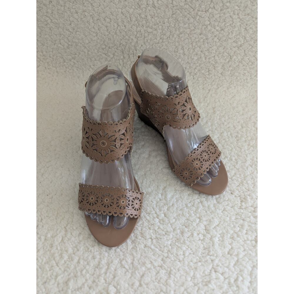 Silica 2 Wedge Sandal Tan Leather Ankle Strap Stacked Heel Womens Sz 6.5